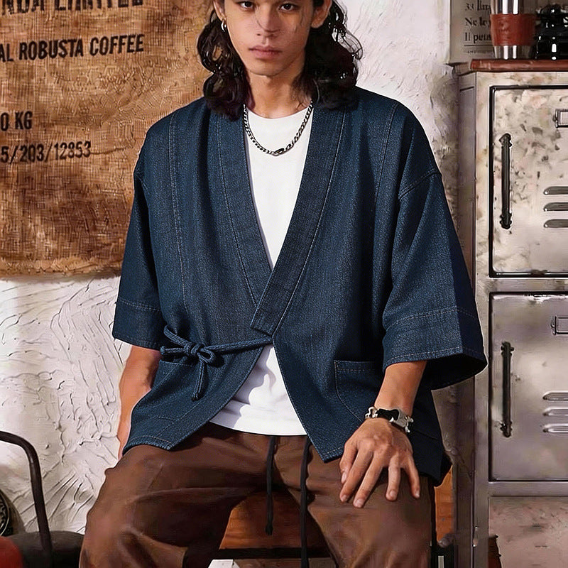 Unisex Jeans-Kimono-Jacke mit Bindegürtel und aufgesetzten Taschen Drune