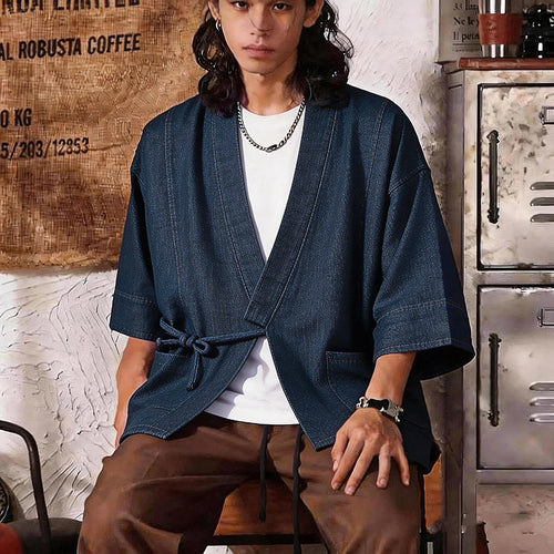 Unisex Jeans-Kimono-Jacke mit Bindegürtel und aufgesetzten Taschen Drune