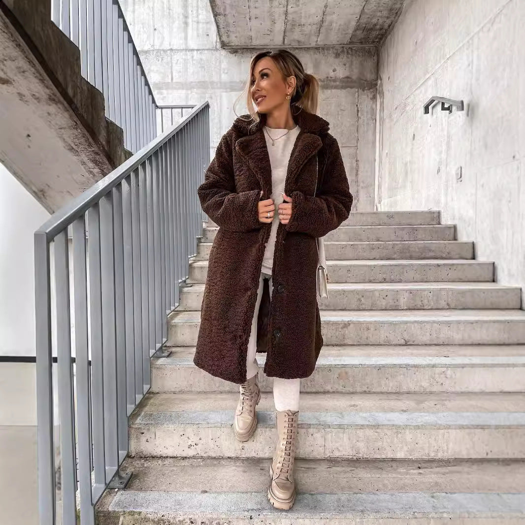 Damen Lange Teddy Faux-Shearling Knopf-Front Mantel mit Reverskragen Drune