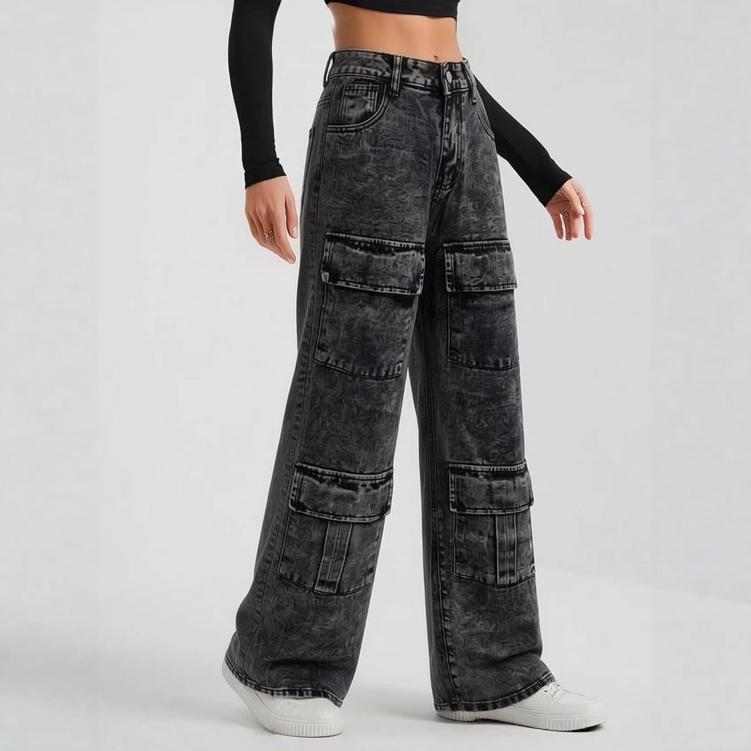 Damen nan High‑Waist Utility-Denimhose mit aufgesetzten Knie-Patches, Cargo‑Taschen und weitem Schlag Drune