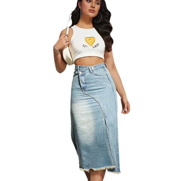 Damen nan asymmetrischer Highwaist-Denim-Midirock mit vorderlichem Schlitz und ausgefranstem Saum Drune