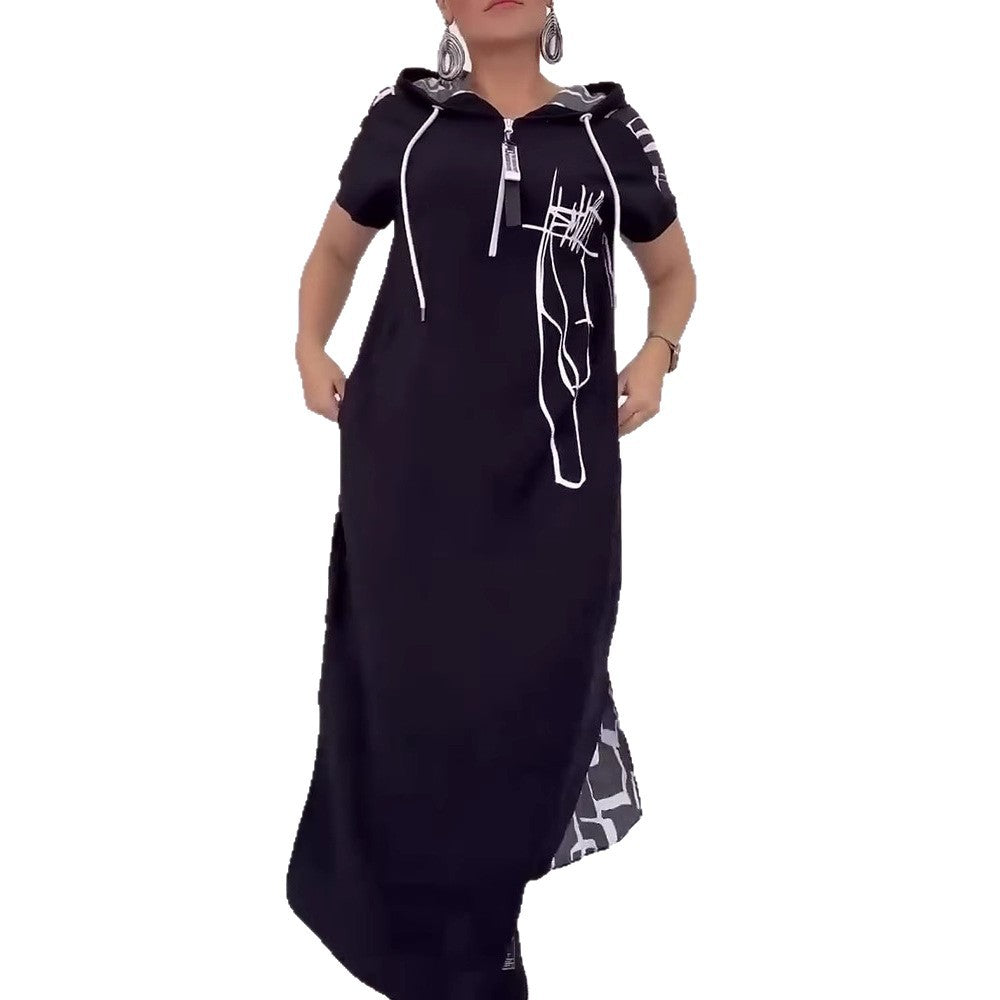 Damen nan urbanes Kapuzen‑Kaftankleid in lockerem Fall mit kurzärmeligem Schnitt und abstraktem Grafikmuster Drune