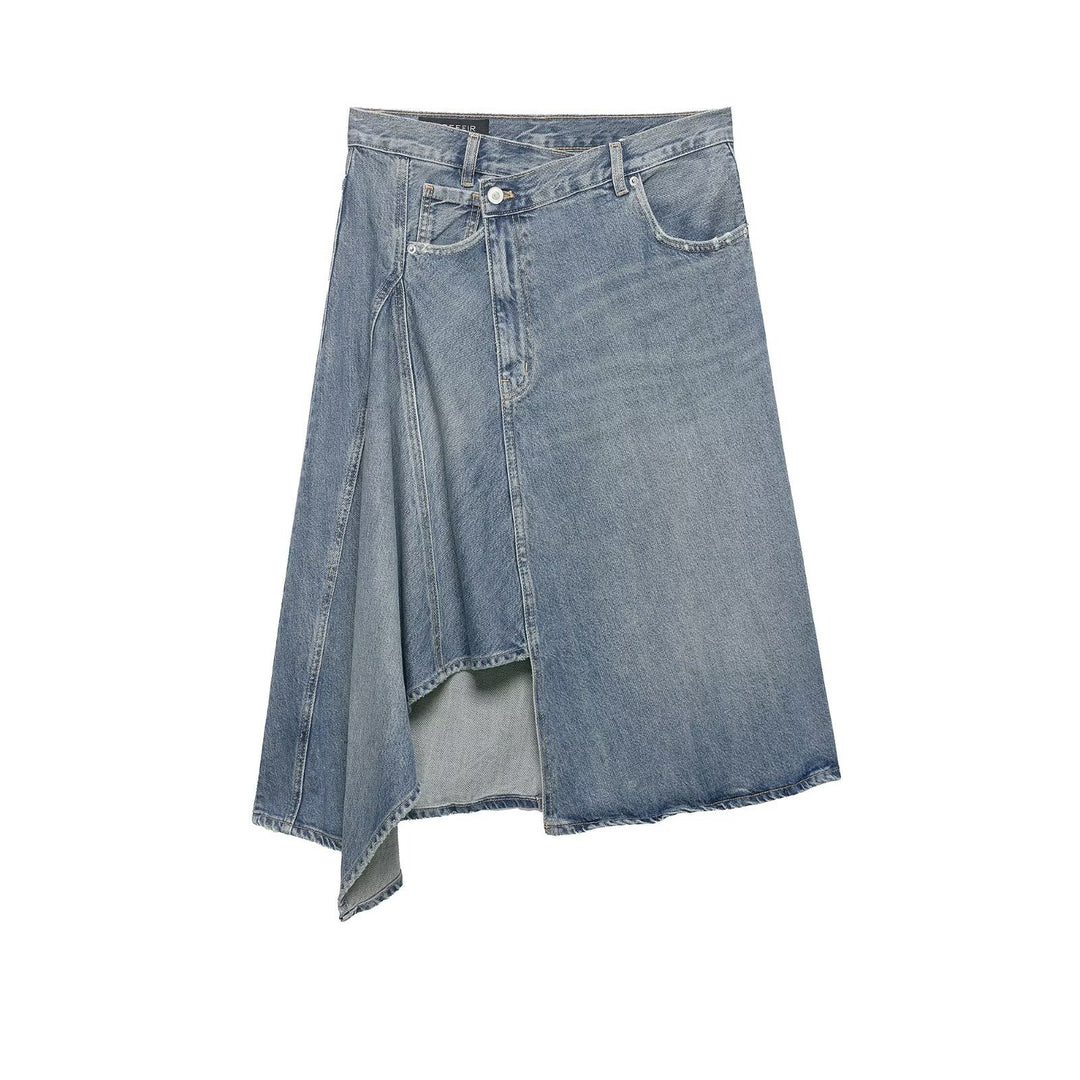 Damen Asymmetrischer Denim‑Wickelrock mit Einsätzen und Taschen Drune