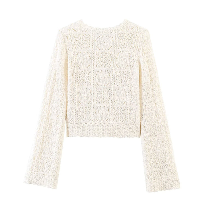 Damen Häkelstrick-Cardigan mit Rundhals, filigranem Lochmuster und Zierknöpfen Drune
