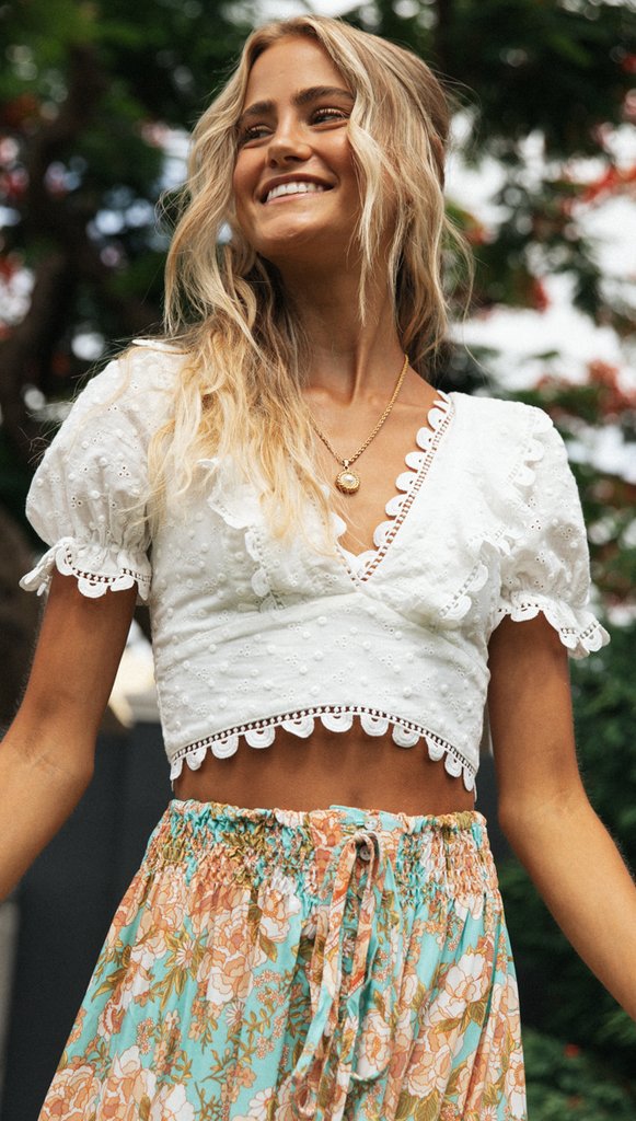 Damen Crop-Top mit floralen Details und Spitzenbesatz Drune