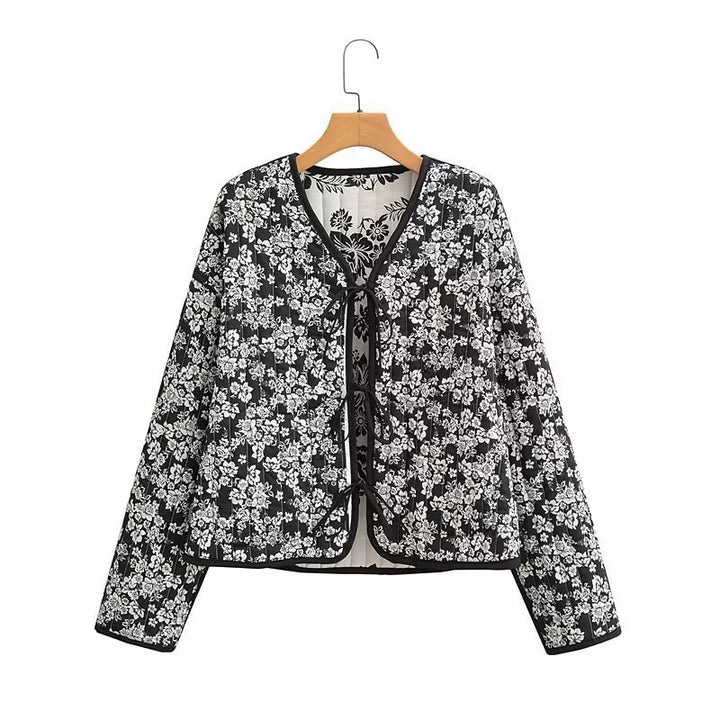 Damen Gestepptes Kurzblouson mit floralem Allover-Print und Bindeschleifen Drune