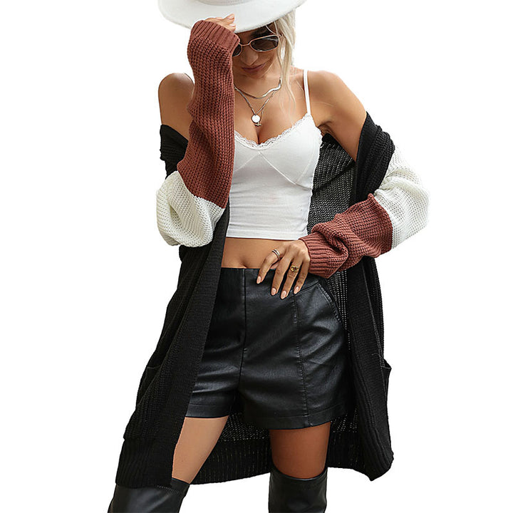 Damen Oversized Strickcardigan mit Farbblockärmeln, aufgesetzten Taschen und offener Front Drune