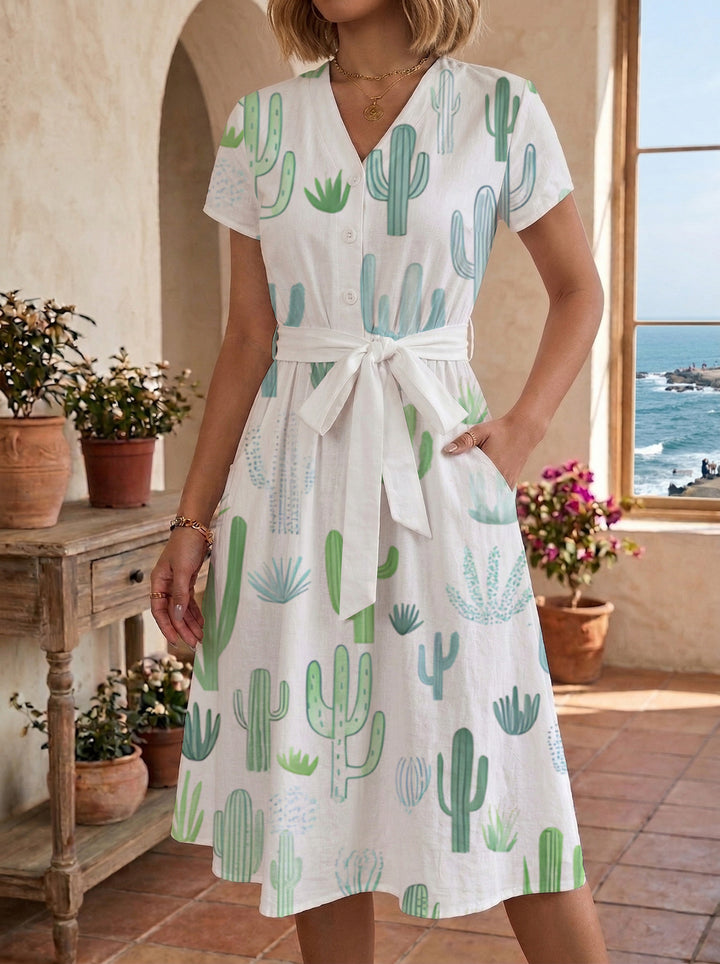 Damen Blühendes Midikleid mit taillierbarem Gürtel und kunstvollem Print Drune