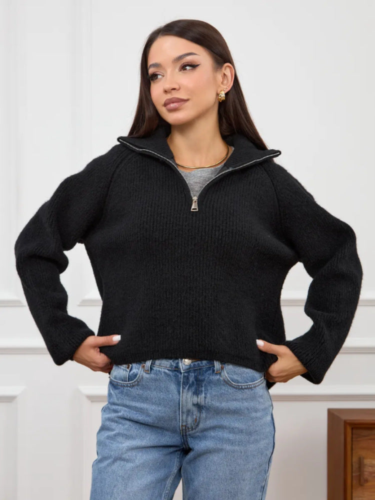 Damen Modischer Strickpullover mit Stehkragen und kurzer Reißverschluss Drune
