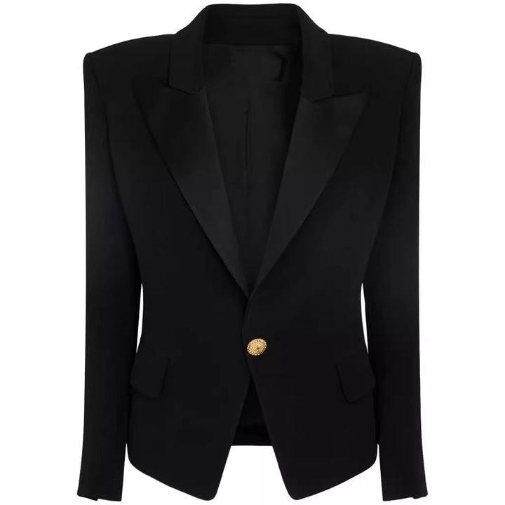 Damen Figurnaher Smokingblazer im Tailoring mit betonter Schulter und goldener Zierknopfleiste Drune
