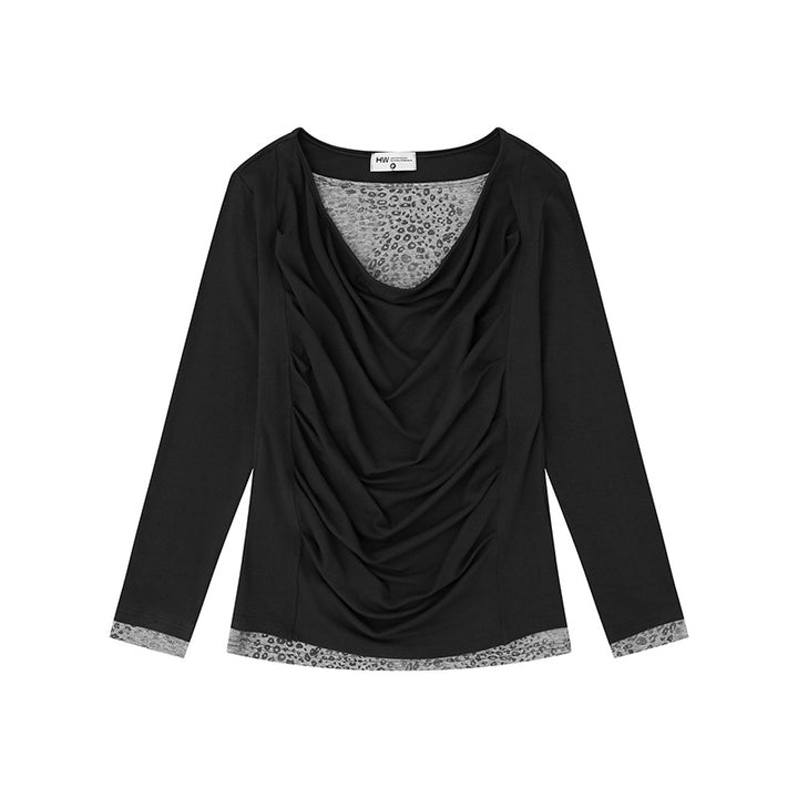 Damen Figurumschmeichelndes Langarmshirt mit Wasserfall-Drapierung und Animal-Inneneinsatz Drune