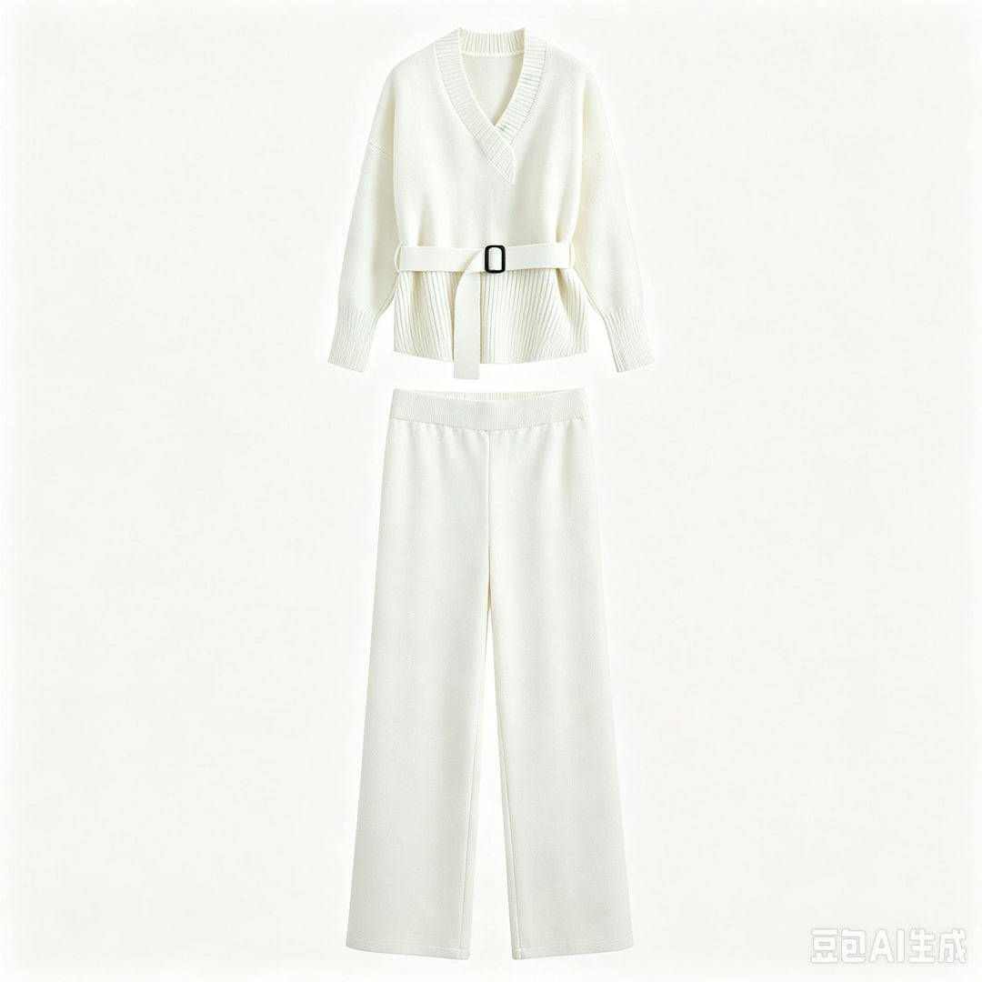 Damen Strick-Set mit V‑Ausschnitt, Taillengürtel und weiten Culotte-Hosen Drune