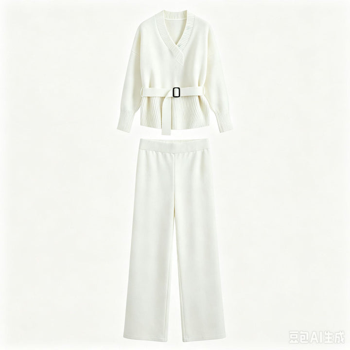 Damen Strick-Set mit V‑Ausschnitt, Taillengürtel und weiten Culotte-Hosen Drune