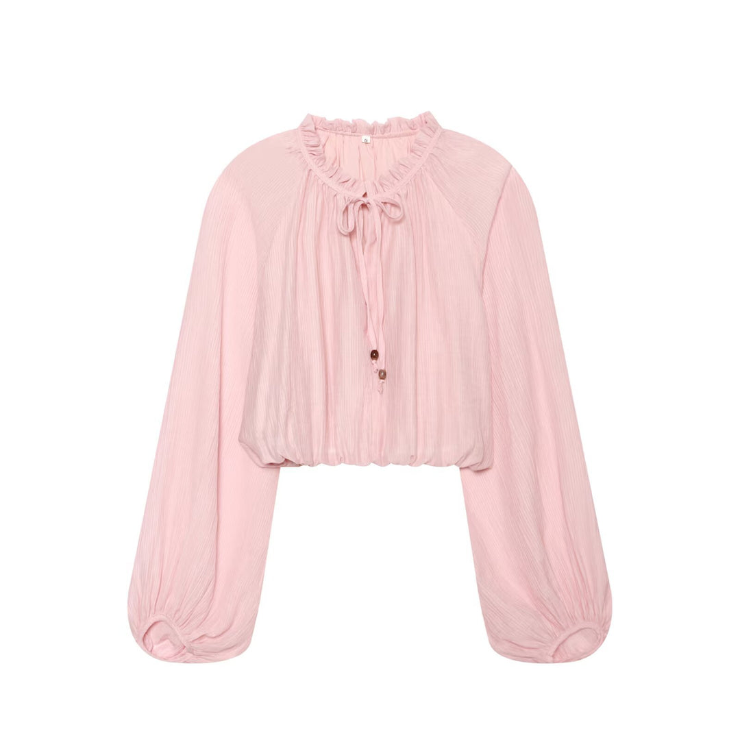 Damen Leichtes plissiertes Crop-Top mit Rüschenkragen und Kordelzug Drune