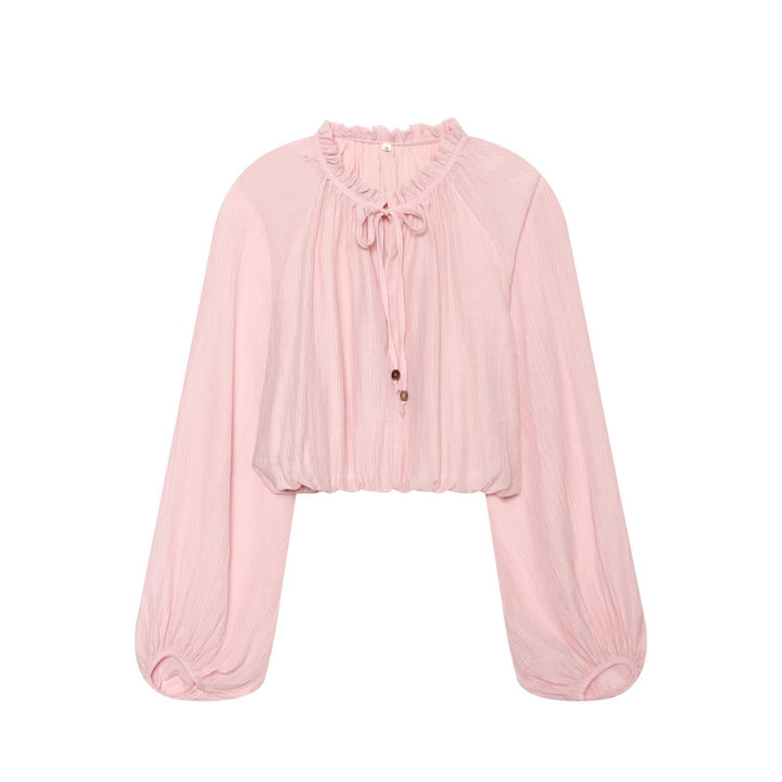 Damen Leichtes plissiertes Crop-Top mit Rüschenkragen und Kordelzug Drune