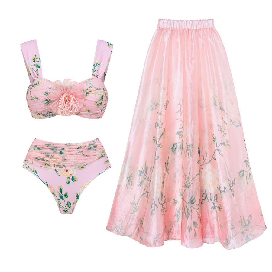 Damen Bikini-Set mit floralen Details und luftiger Maxi-Rock Drune