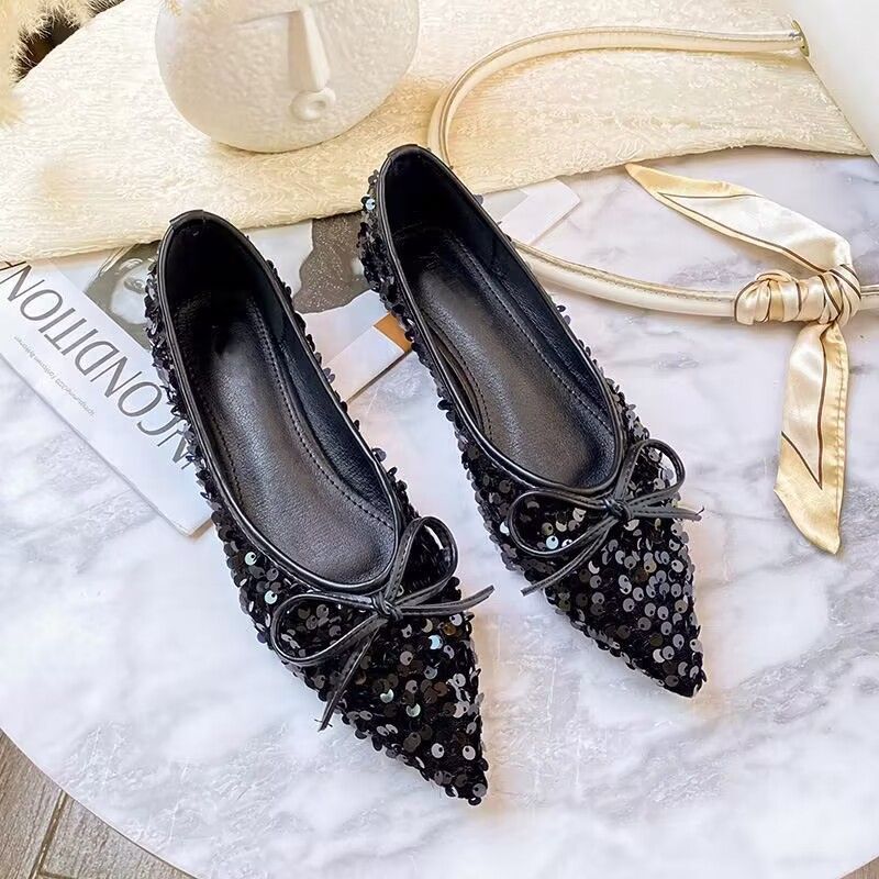 Damen funkelnde Ballerinas mit spitzem Zehenbereich und dekorativem Paillettenschmuck Drune