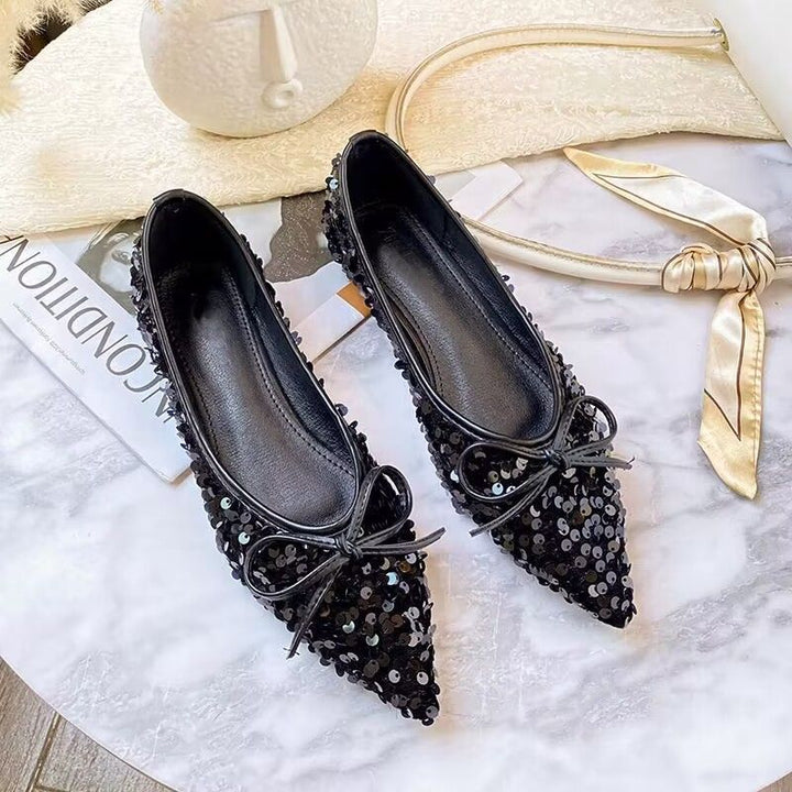 Damen funkelnde Ballerinas mit spitzem Zehenbereich und dekorativem Paillettenschmuck Drune