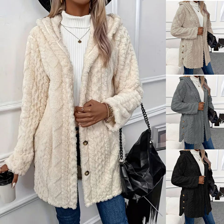 Damen nan kuschelige Teddy-Mantel mit Kapuze, Knopfleiste und Taschen Drune