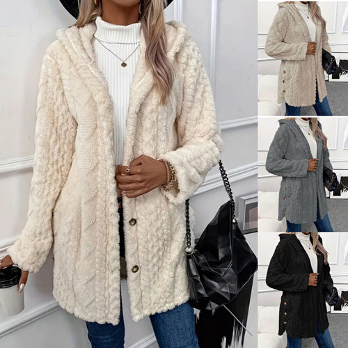 Damen nan kuschelige Teddy-Mantel mit Kapuze, Knopfleiste und Taschen Drune