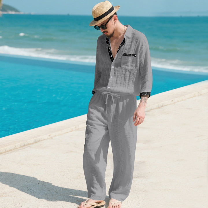 Herren Leinenoptik-Loungewear-Set mit Kordelzughose und offenem Hemdjacke Drune