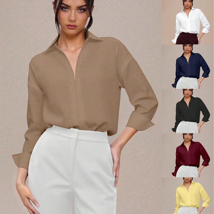 Damen Eleganter Hemdblusen-Body mit V-Ausschnitt, Oversize‑Schnitt und Umschlagmanschetten Drune