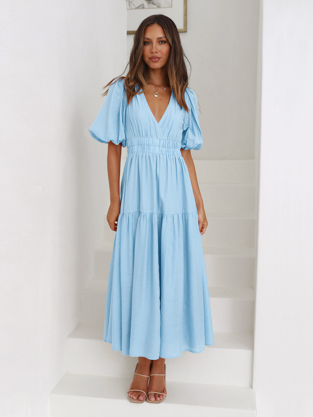 Damen Maxikleid mit tiefem V-Ausschnitt und voluminösen Puffärmeln Drune