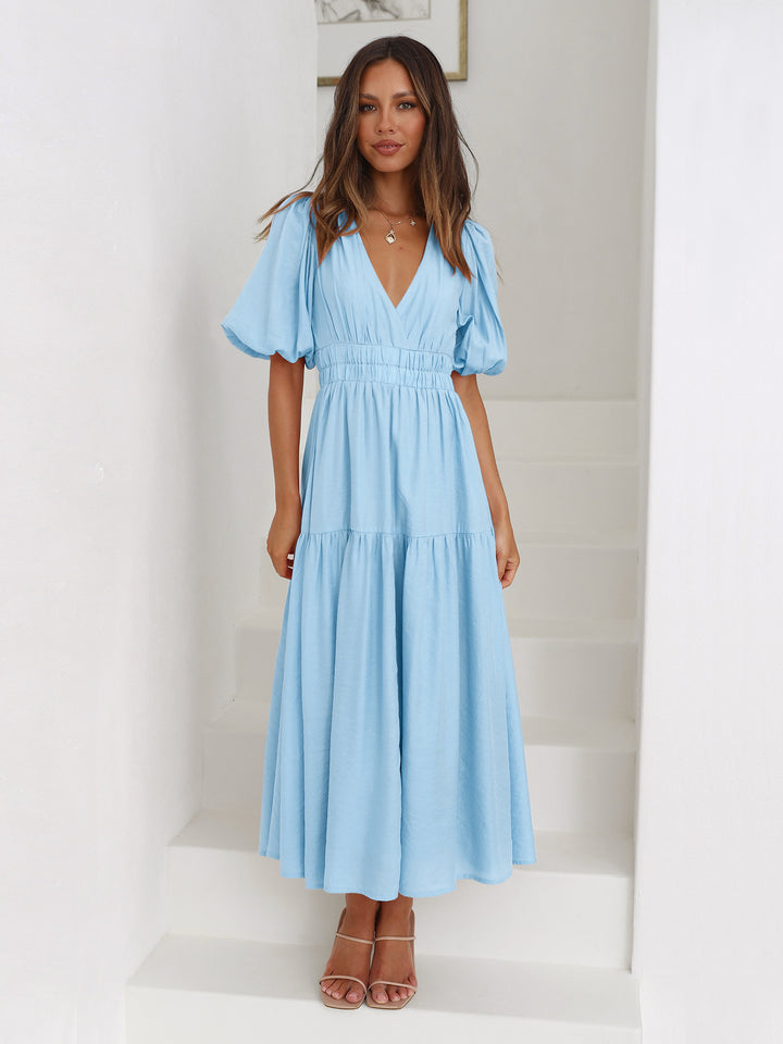 Damen Maxikleid mit tiefem V-Ausschnitt und voluminösen Puffärmeln Drune