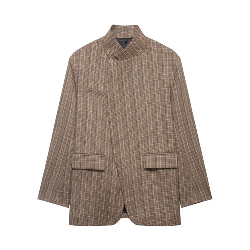Damen Oversized Glencheck-Blazer mit Stehkragen und asymmetrischer Knopfleiste Drune