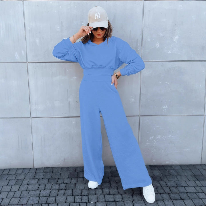 Damen Loungewear-Set mit Cropped V‑Ausschnitt-Pullover und hochtaillierter Palazzohose Drune