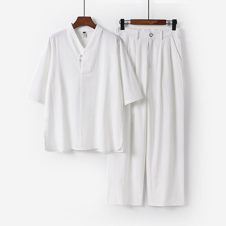 Herren Zweiteiliges Leichtes Kimono-Loungewear-Set mit Stehkragen Knotenverschluss Kurzarm und weiter Bundhose Drune