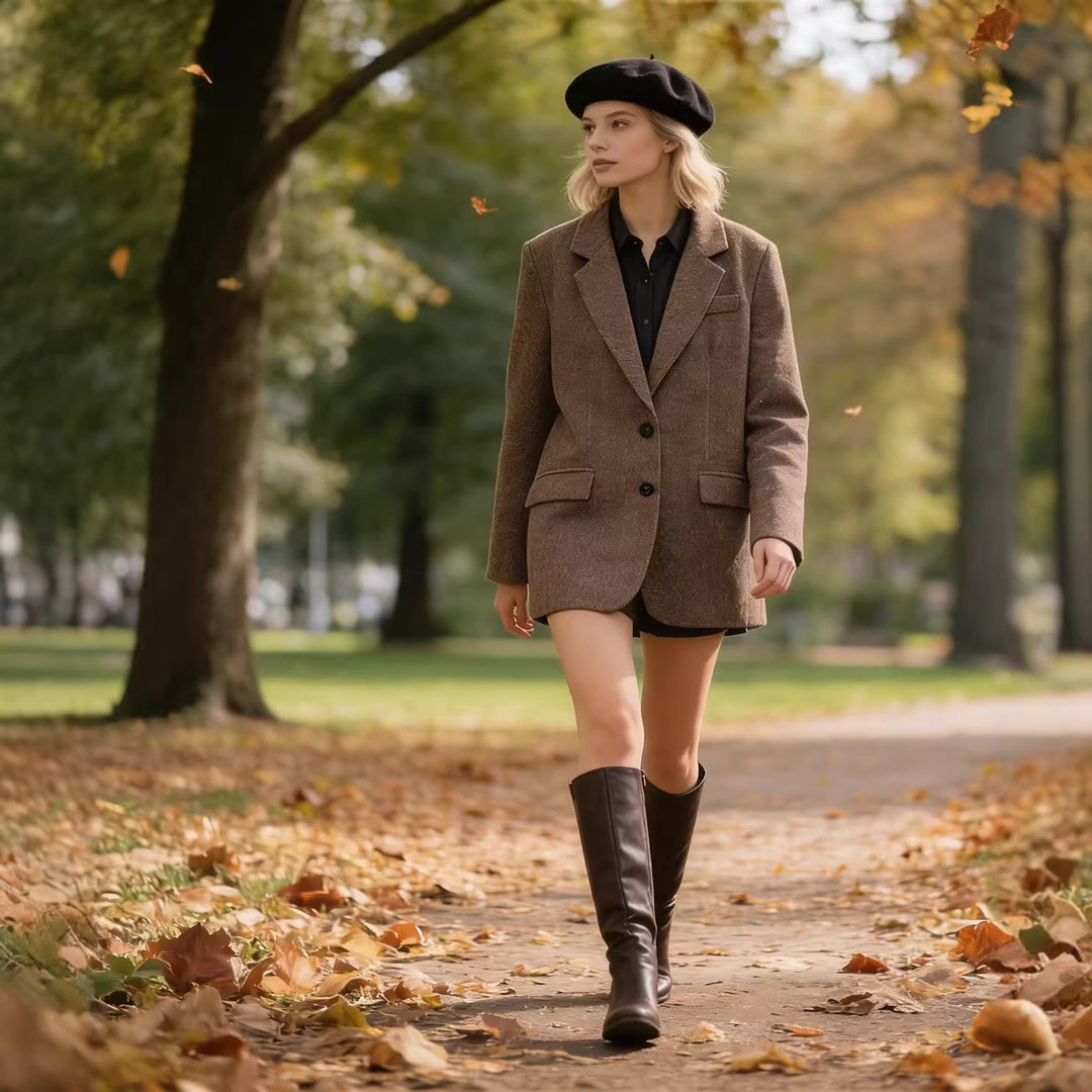 Damen Oversize-Tweedblazer mit Fischgrätmuster und Pattentaschen Drune