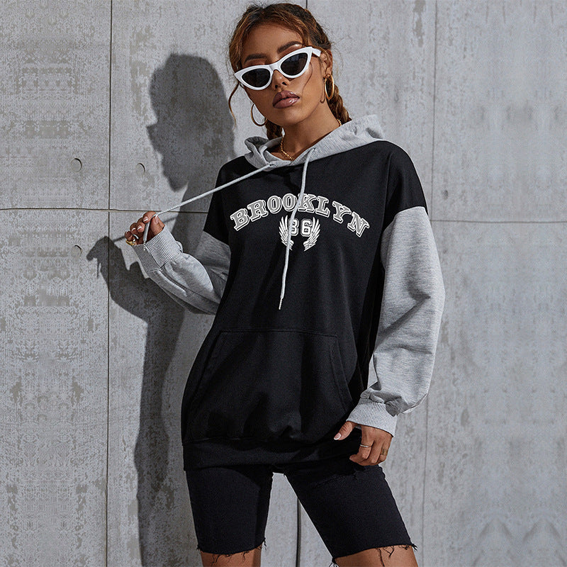 Damen Oversize-Kapuzenhoodie im Collegestyle mit Colorblock-Ärmeln, Kängurutasche und Kordelzug Drune