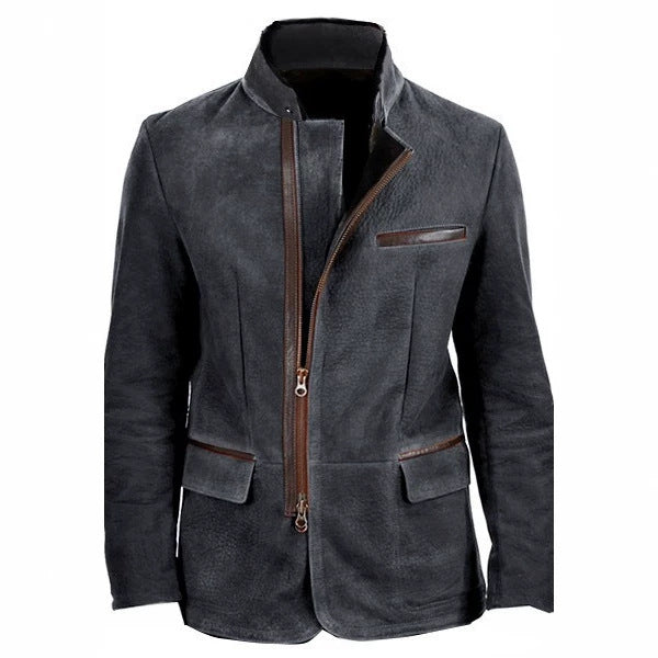 Herren Veloursleder-Fieldjacke im Fliegerstil mit Stehkragen, asymmetrischem beidseitig öffnendem Reißverschluss und kontrastierenden Lederbesätzen Drune