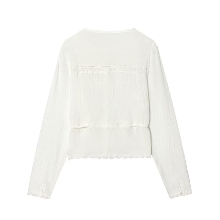 Damen Leichte Stickerei‑Bluse mit Spitzenkragen, Bindeband‑Taillierung und Knopfleiste Drune