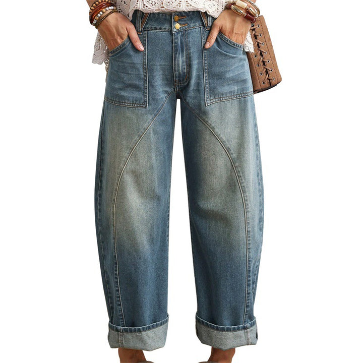 Damen Weite hochgeschnittene Jeans mit geschwungenen Nahtdetails und aufgesetzten Taschen Drune