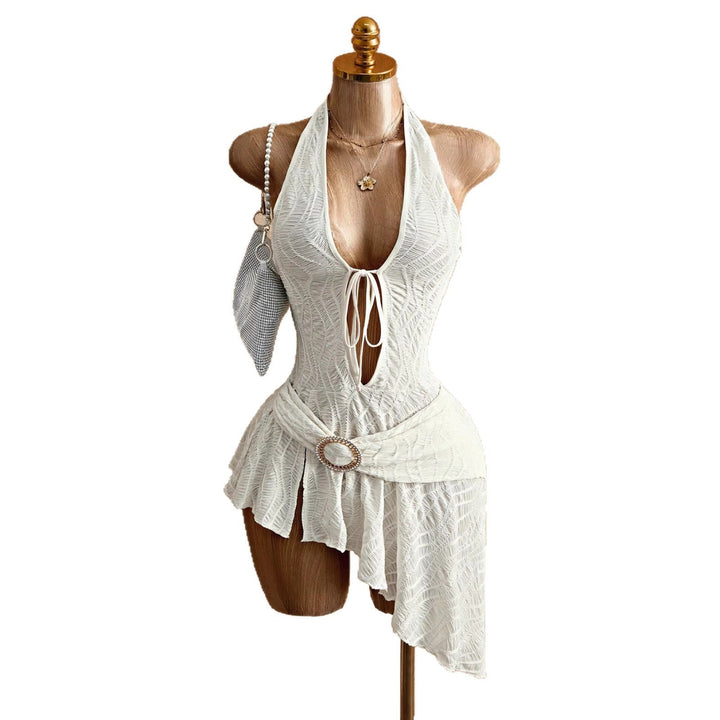 Damen nan figurbetontes Neckholder-Minikleid mit Schnürung, Cut-Out und asymmetrischem Wickelrock Drune