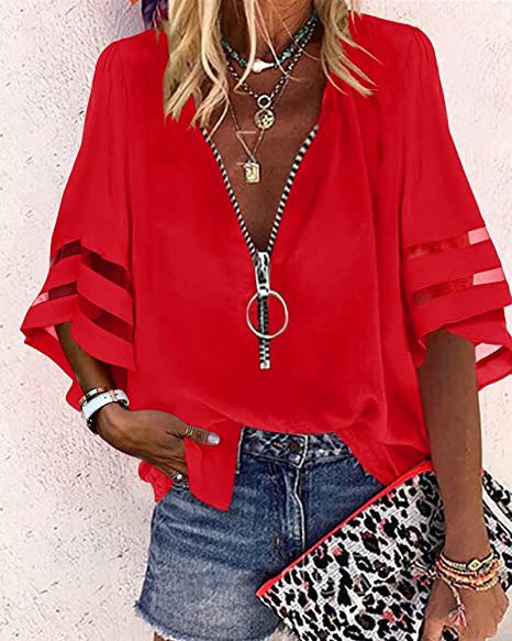 Damen V‑Ausschnitt Bluse mit dekorativem Ringreißverschluss und Cut-Out-Ärmeln Drune