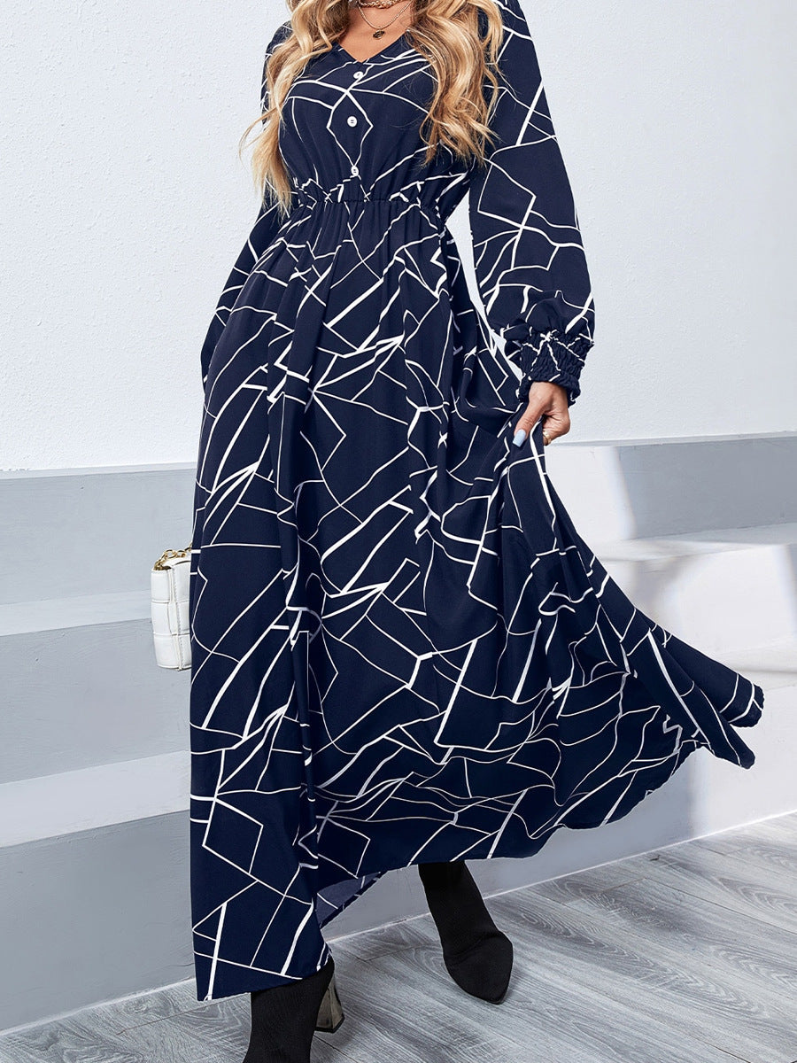 Damen Maxikleid mit geometrischem Muster und V-Ausschnitt Drune