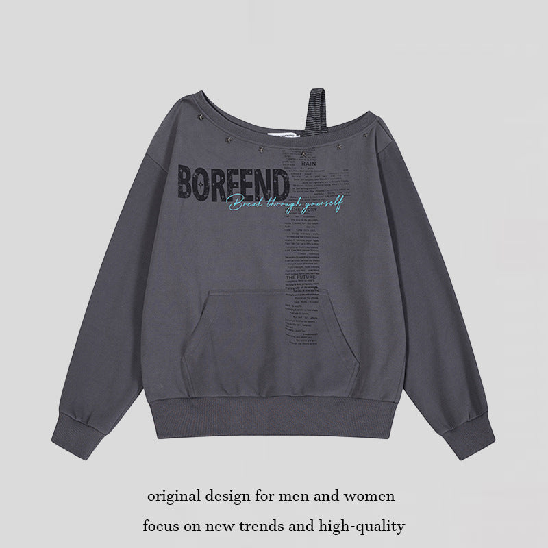 Damen Oversize-Sweatshirt mit asymmetrischem One-Shoulder-Träger, Kängurutasche und Nieten Drune