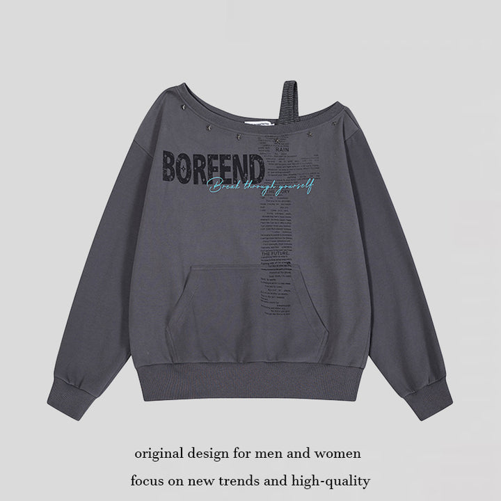 Damen Oversize-Sweatshirt mit asymmetrischem One-Shoulder-Träger, Kängurutasche und Nieten Drune