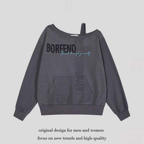 Damen Oversize-Sweatshirt mit asymmetrischem One-Shoulder-Träger, Kängurutasche und Nieten Drune