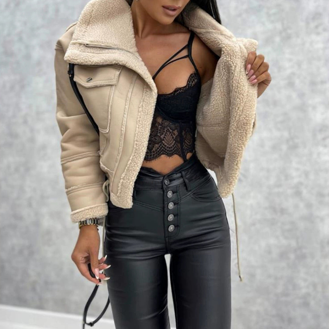 Damen cropped Bikerjacke mit Lammfell Drune