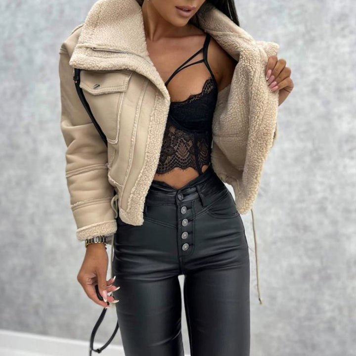 Damen cropped Bikerjacke mit Lammfell Drune