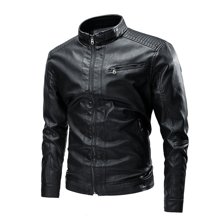 Herren Biker-Lederimitatjacke im Racing-Stil mit Stehkragen und Reißverschlusstaschen Drune