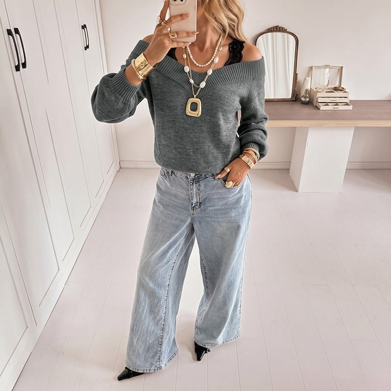 Damen Eleganter Off-Shoulder Pullover Drune