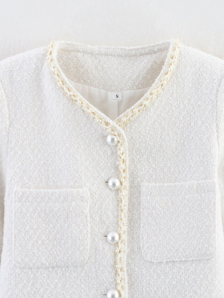 Damen elegante Kurzarmpulloverjacke mit perlverzierten Knöpfen und aufgesetzten Taschen Drune