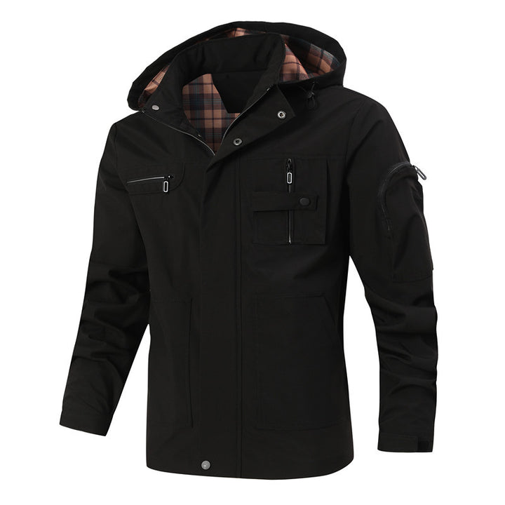 Herren Winddichte Softshelljacke mit Kapuze, kariertem Innenfutter und Multifunktionstaschen Drune