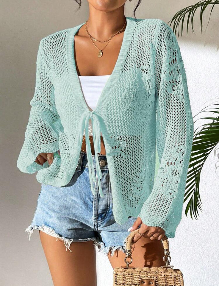 Damen Strickjacke mit luftiger Häkelstruktur und Bindeverschluss Drune