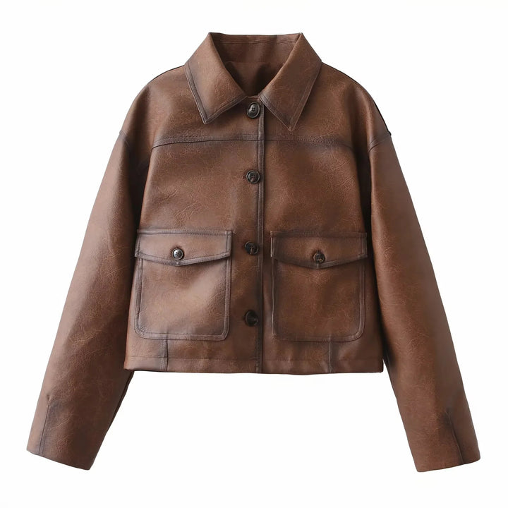 Damen nan kurzer Kunstleder-Blouson mit Hemdkragen, aufgesetzten Klappentaschen und sichtbarer Knopfleiste Drune